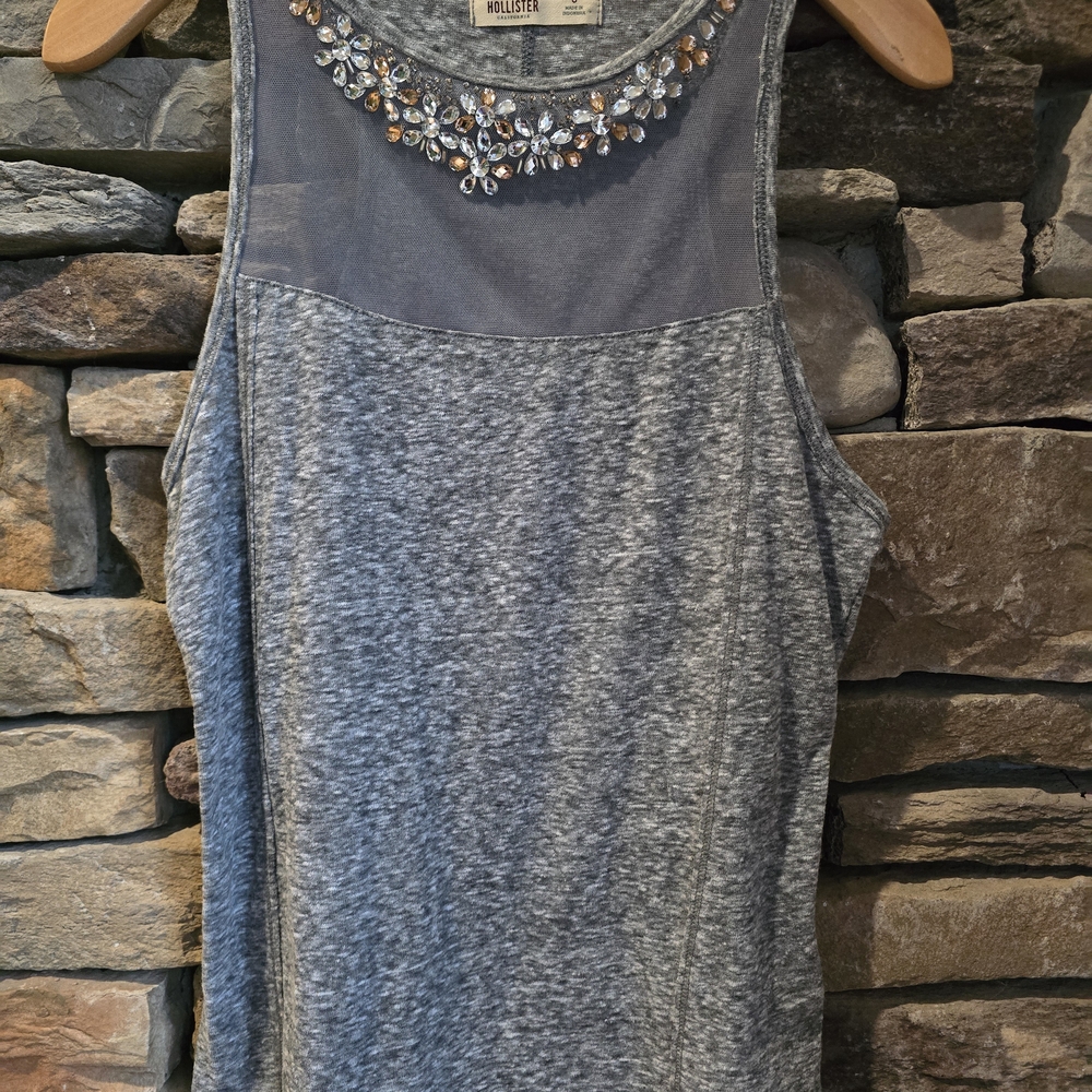 Hollister Women's Small Grey Tank Top Beautiful Crystal Neckline Worn Once NICE!